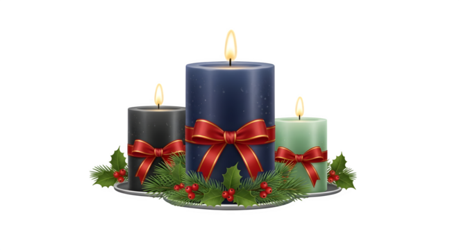 Three festive christmas candles with bows isolated on transparent background