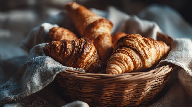 Fresh croissants in a rustic wicker basket with linen cloth and warm natural lighting, perfect for culinary blog or web site, cooking book and bakery advertising. - Powered by Adobe