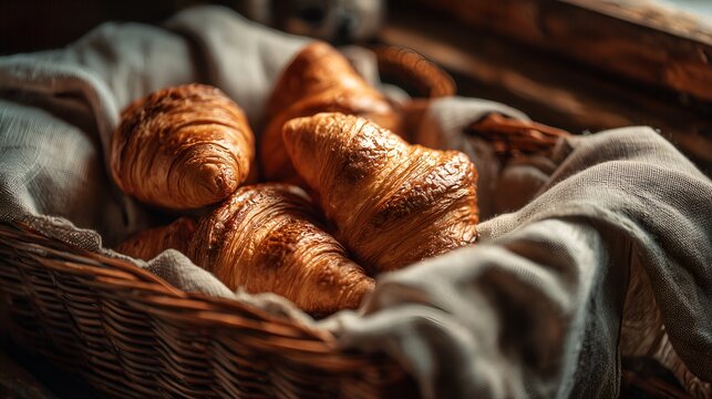 Appetizing croissants in a rustic wicker basket with linen cloth and warm natural lighting, perfect for culinary blog or web site, cooking book and bakery advertising.