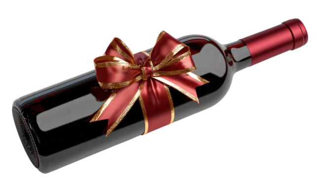 Red wine bottle with festive bow isolated on a transparent background