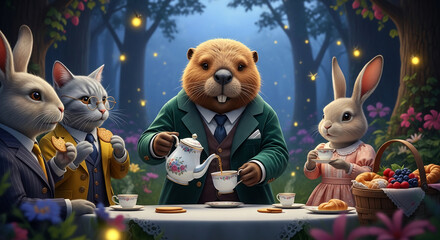 Anthropomorphic animal characters having a tea party in forest, dressed in suits and dresses. It represents fantasy, fairytale, and whimsical gathering
