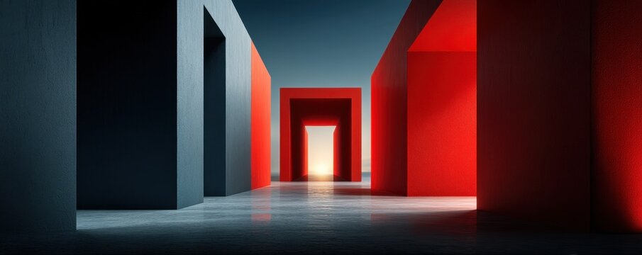 Red and blue geometric corridors create dramatic architectural space with glowing light at the end - Powered by Adobe