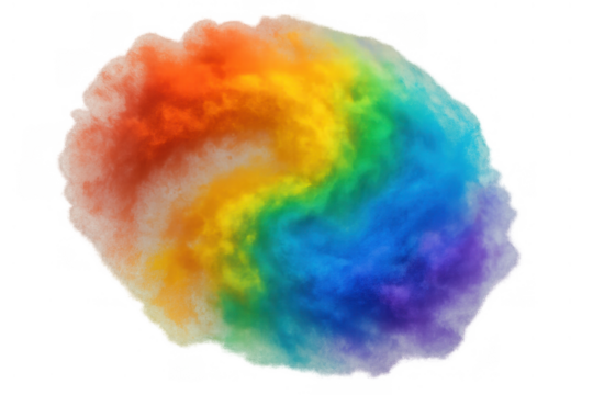 Swirling rainbow powder smoke explosion creating colorful burst of vibrant abstract art effect on transparent background