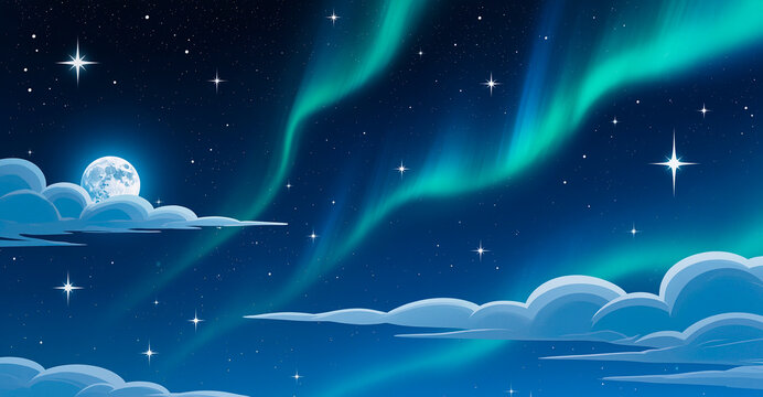 Seamless background of winter night sky, deep dark blue gradient, sparkling stars of different sizes, thin silver clouds,