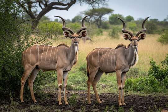 Greater kudu antelopes in african savanna wildlife safari animal photography - Powered by Adobe