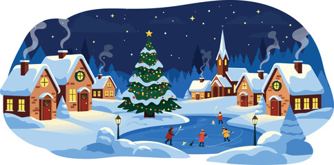 Cozy snow covered village scene with christmas tree and pond