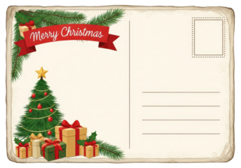 Vintage christmas postcard, featuring a decorated christmas tree, gifts, and a merry christmas banner, evoking a nostalgic and festive holiday spirit isolated on a transparent background	