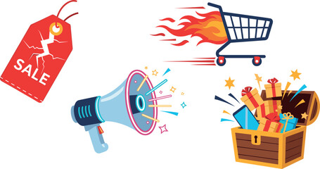 Sale shopping promotion and treasure chest icons for marketing