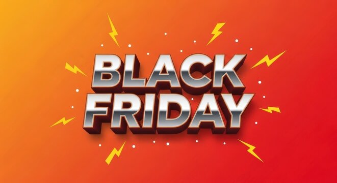 Dynamic chrome text for black friday with lightning bolts and confetti on a vibrant orange and red gradient background