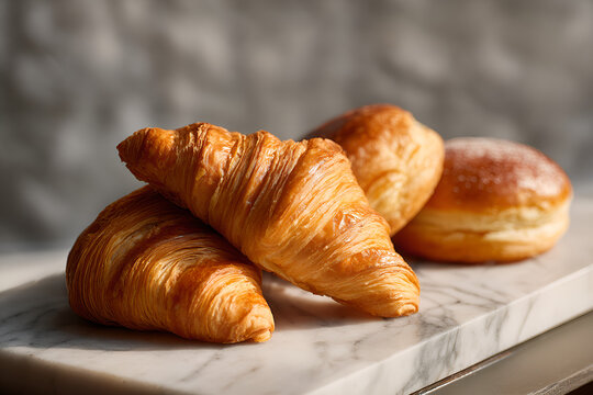 Fresh bakery croissants and pastries on marble counter