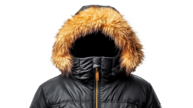 Black winter jacket with brown fur hood isolated on a transparent background