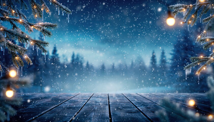 Winter Snowfall Background with Frosted Tree Branches and Warm Festive Lights