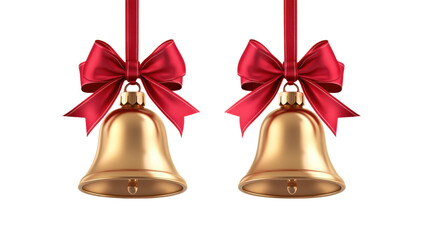 Two golden bells with red bows isolated on a transparent background