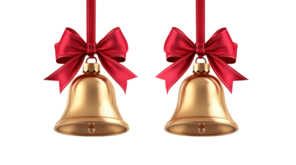 Two golden bells with red bows isolated on a transparent background