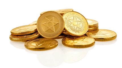 Gold coins with star patterns isolated on a transparent background