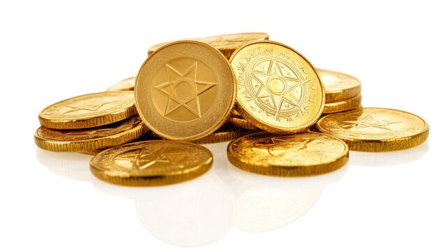 Gold coins with star patterns isolated on a transparent background
