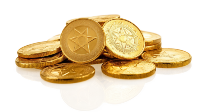 Gold coins with star patterns isolated on a transparent background