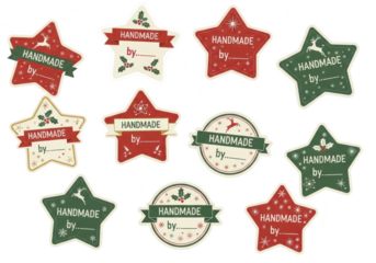 Collection of handmade star and circle labels these festive stickers feature a vintage design, perfect for adding a personal touch to gifts isolated on a transparent background	