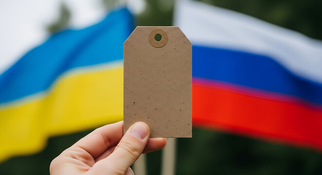 Ukraine Russia Conflict Tag: A blank tag held up in front of blurred Russian and Ukrainian flags.