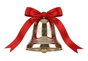 Golden christmas bell with a red bow, a festive symbol of the holiday season, perfect for greeting cards, decorations, and seasonal promotions isolated on a transparent background	