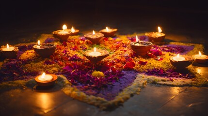 Festive Diwali rangoli glows warmly with candles diyas flowers a traditional celebration of light