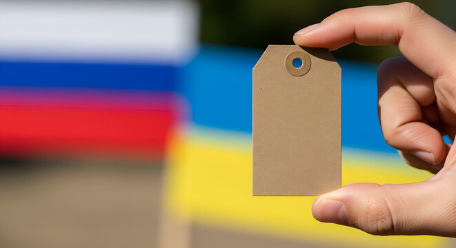 Russia Ukraine War: A blank tag held up in front of blurred Russian and Ukrainian flags. - Powered by Adobe