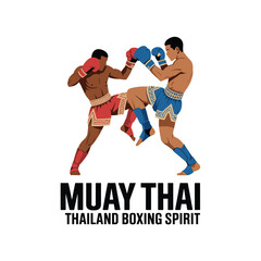 Muay Thai Boxing Illustration with Fighters in Traditional Thai Martial Arts Pose