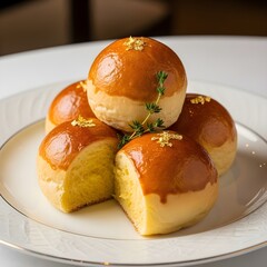 Luxury golden buns arranged on elegant white plate