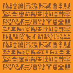Ancient Egyptian Hieroglyph Seamless Pattern with Traditional Symbols on Orange Background