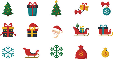 Christmas icon grid illustration, festive trees, Santa face, sleighs, ornaments, snowflakes, gift boxes, holiday vector design, seasonal pack