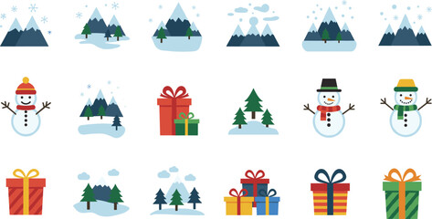 Winter icon set illustration, snowmen, snowy mountains, evergreen trees, gift boxes, festive vector design, seasonal holiday symbol pack