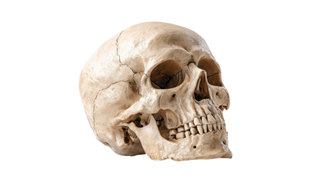 Realistic human skull with cracks isolated on a transparent background