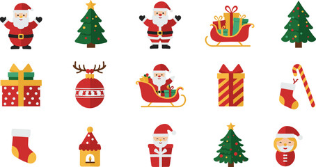 Christmas icon set illustration, Santa Claus, sleigh, gift box, tree, stocking, ornament, festive vector design, holiday celebration pack
