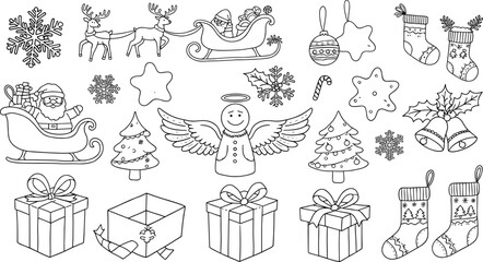 Christmas icon set illustration, Santa Claus, sleigh, reindeer, tree, snowflake, gift box, festive vector design, holiday celebration symbols