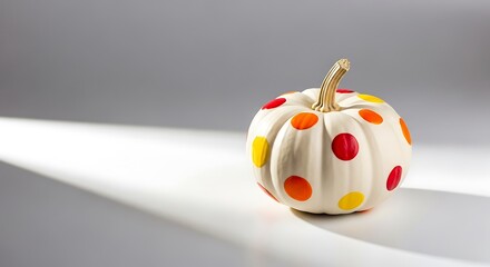 White Pumpkin With Orange And Red Polka Dots On White Surface With Light Rays image photo