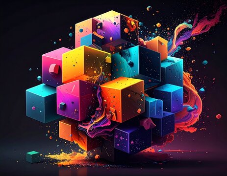 A vibrant, colorful collection of 3D cubes floating in space