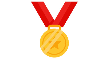 Gold medal with red ribbon symbolizing achievement and victory, representing first place and success in competitions and events
