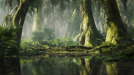 Serene prehistoric swamp landscape bathed in misty morning light a vibrant green tropical scene