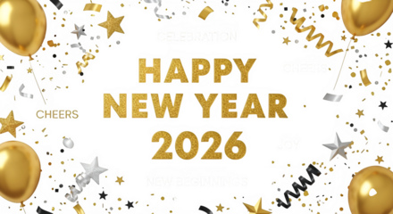 Golden happy new year 2026 text with balloons and confetti celebration isolated on transparent background