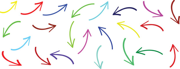 Hand drawn colorful arrows on a set of simple doodle pointers, sketch style vector illustration