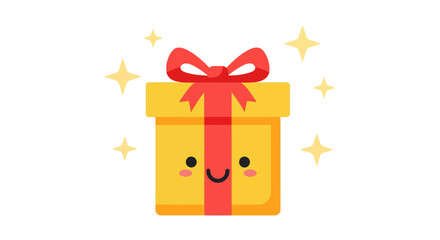 A delightful yellow gift box with a red ribbon and a cute smiling face, surrounded by sparkling stars, perfect for celebrations and special occasions