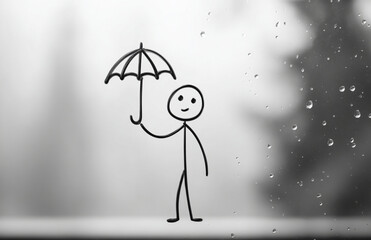 Black and White Stick Figure Drawing of Person Holding Umbrella in Rain with Foggy Window and Blurry Background