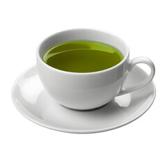 White cup of green tea isolated on white background, minimal clean composition healthy drink