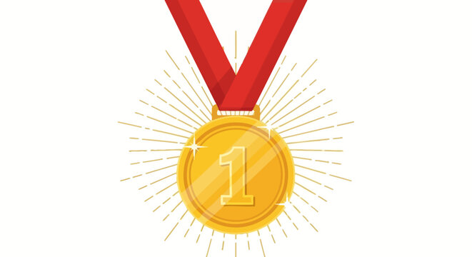 Gold medal with red ribbon, symbolizing achievement, success, and first place victory in a competition or award ceremony