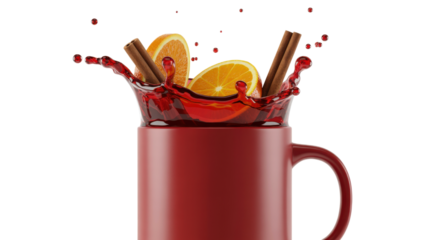 Red mug with splashing mulled wine isolated on a transparent background