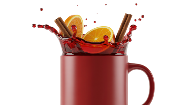 Red mug with splashing mulled wine isolated on a transparent background