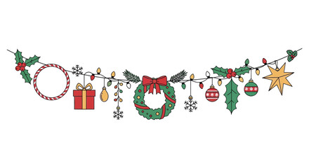 Festive christmas garland with ornaments wreath gift box and pine cones on white background