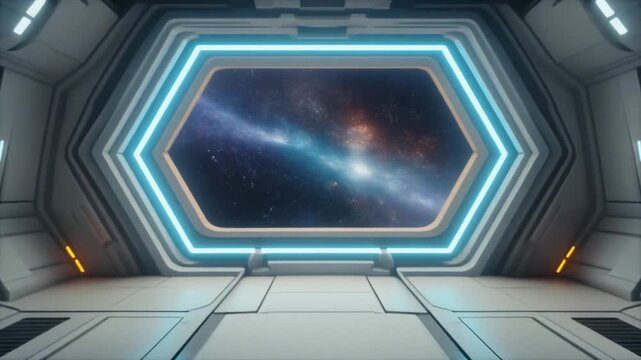 Stargazing through the futuristic: A futuristic interior scene, featuring a hexagonal window framing a breathtaking view of the cosmos.