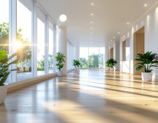 Fototapeta premium Sunlit interior: A spacious hallway is bathed in natural light filtering through expansive windows, creating a bright and welcoming atmosphere with the gentle presence of potted plants.