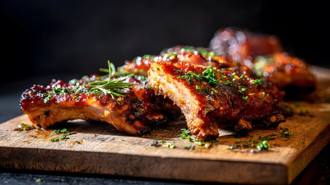 Spicy barbecued ribs on a wooden board offer a gourmet feast with fresh herbs and rich color